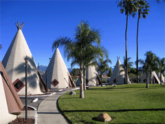 Route 66 Wigwam Motel, located also in San Bernardino, sits near the border of Rialto. A classic Route 66 icon featuring a clever individual teepee shaped units arranged in a small village like setting.